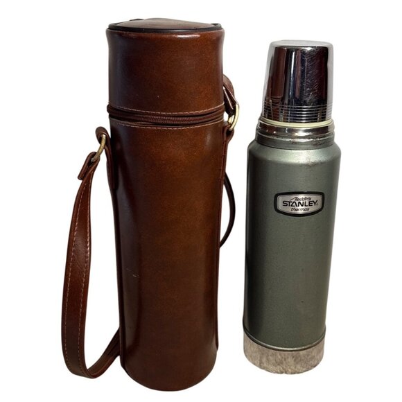 Stanley Aladdin Thermos Brown Leather Carrying Case Steel Cup Lid Vintage - Picture 1 of 16